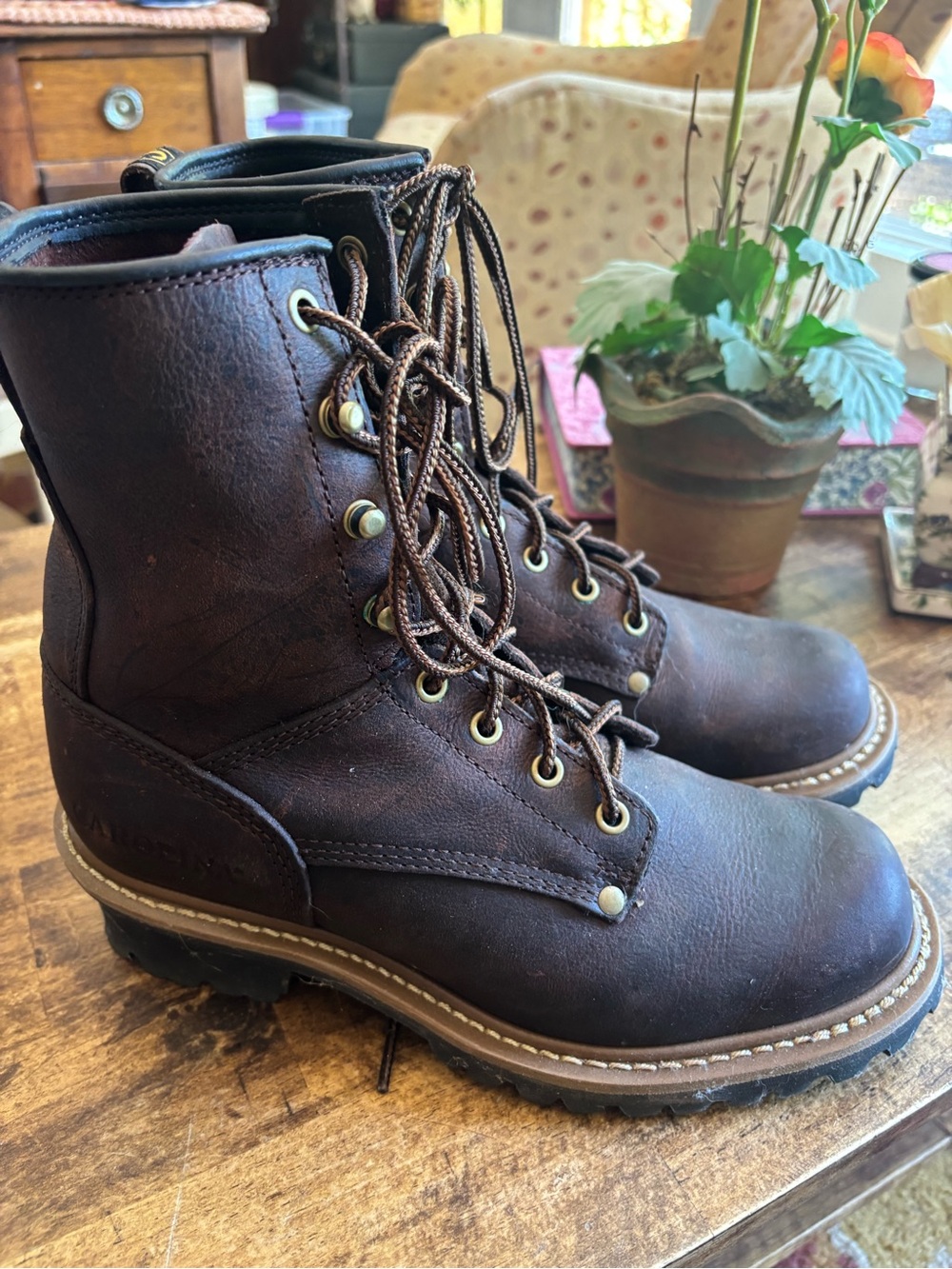 Carolina 7.5 men's size  Classic Brown Leather Lace-Up Western Workboot w/heel